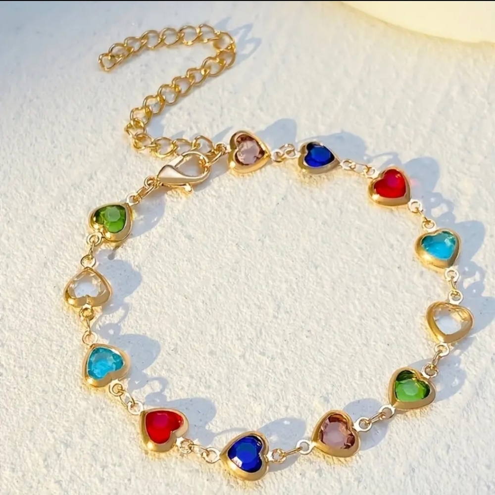 Gold Multicolor Heart Charm Bracelet